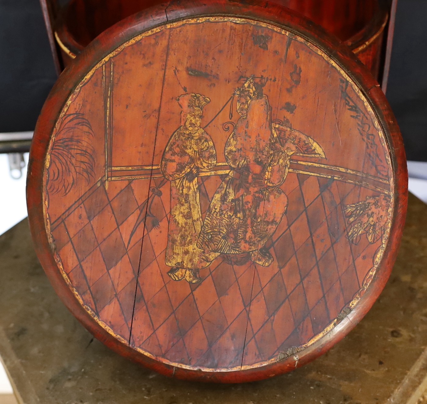 A 19th century Chinese lacquered and decorated wood wedding basket, height 51cm. width 34cm